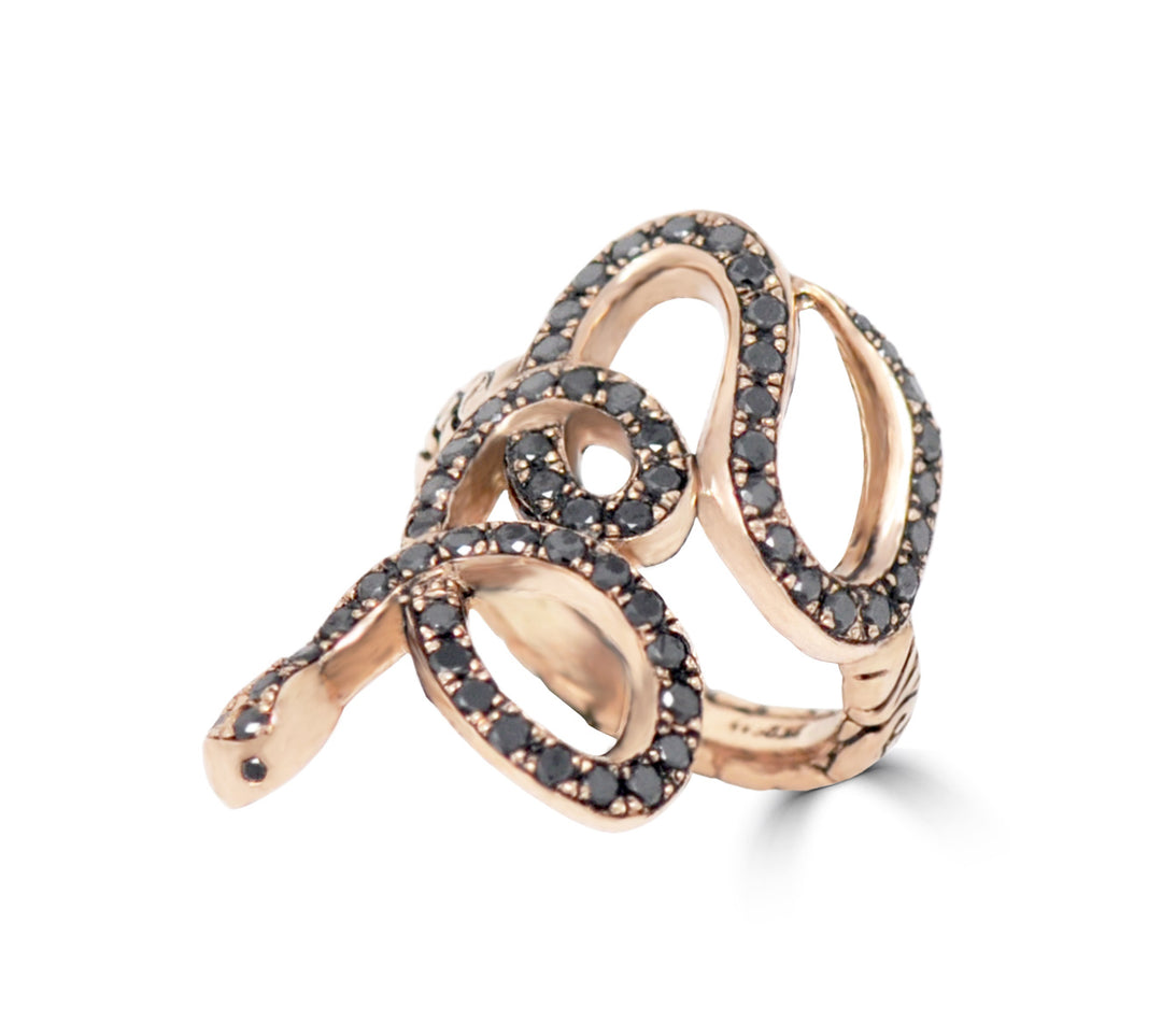 Keydesign Black Diamond Snake Ring In Rose Gold