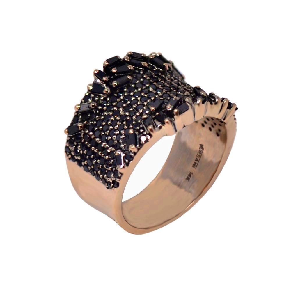 Black Diamond Pave And Baguette Ring In Rose Gold