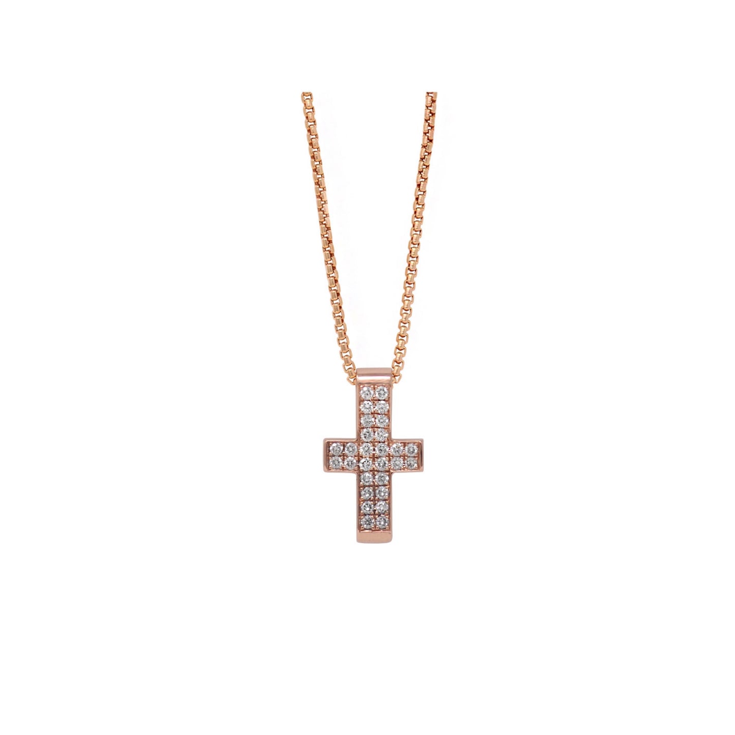Small 14k rose gold 3d block cross pendant with white diamonds - Best cross jewelry by Versani SoHo