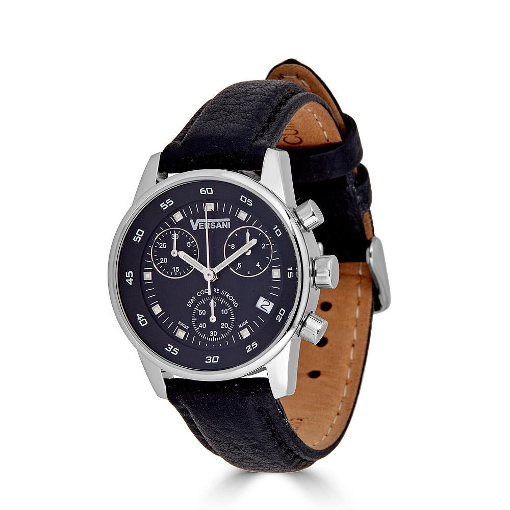 Small Round Chronograph Watch On Black Leather Band