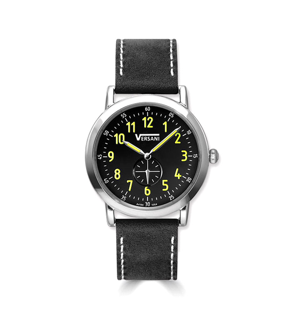 Round Face Watch On Leather Band With Contrasting Stitches