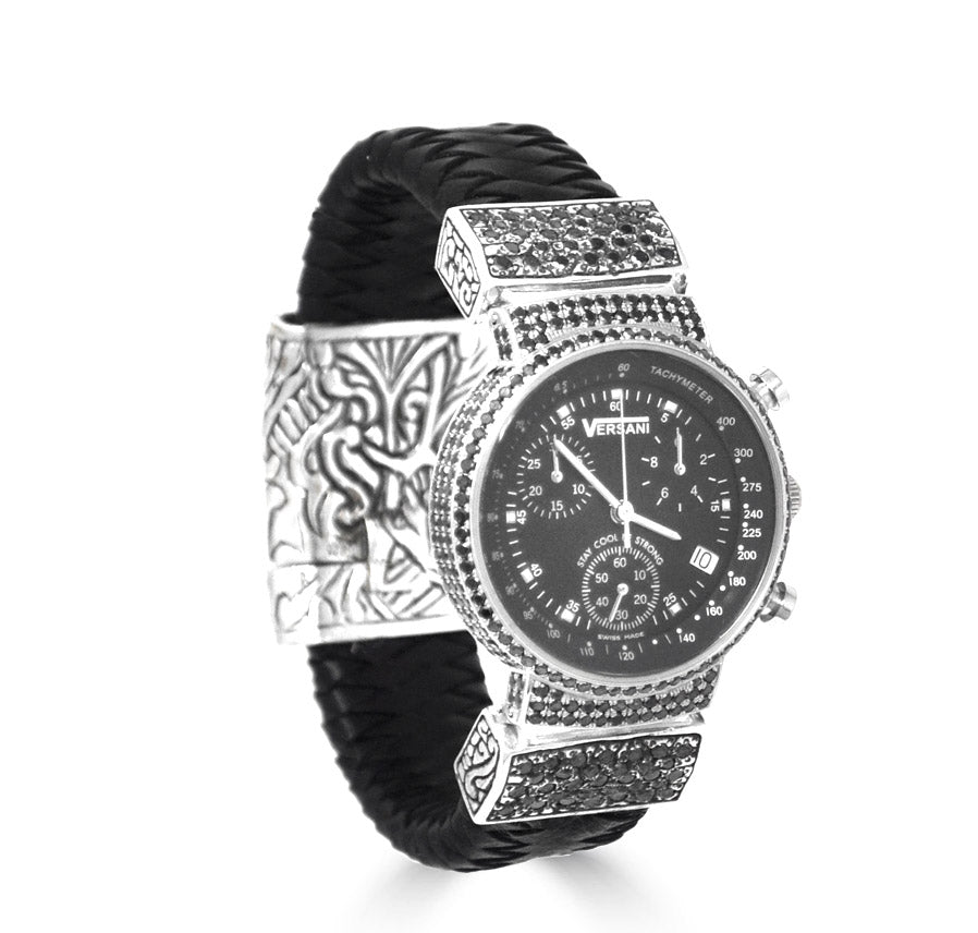 Round Chronograph On Black Diamond Keydesign Leather Watch Band