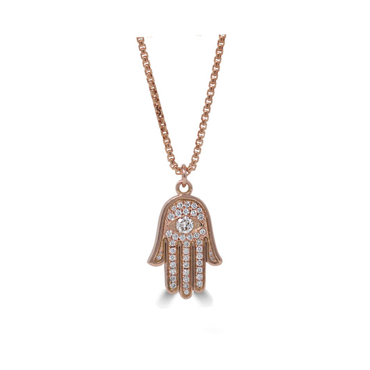 Unisex 14k rose gold hamsa necklace with hand-set white diamonds - Best spiritual jewelry by Versani SoHo