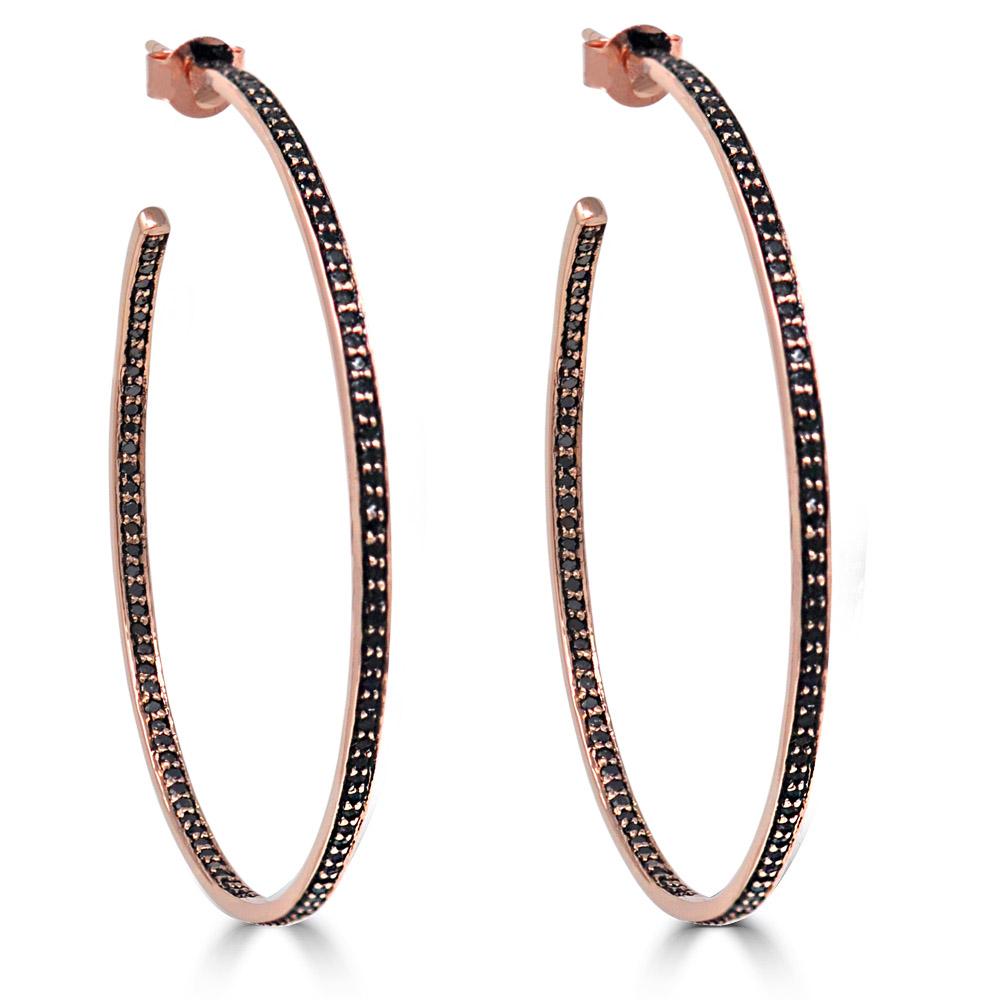 Large Black Diamond Hoop Earrings In Rose Gold