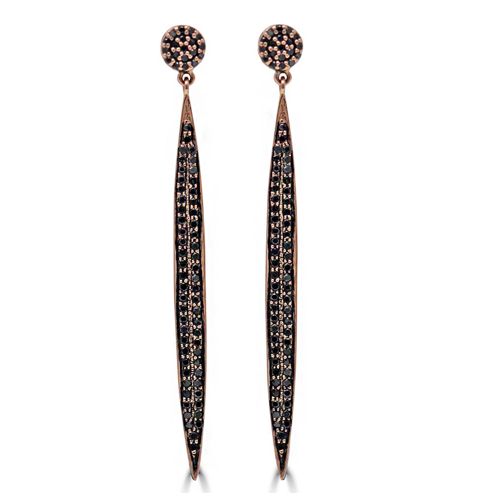 Black Diamond Long Drop Earrings In Rose Gold