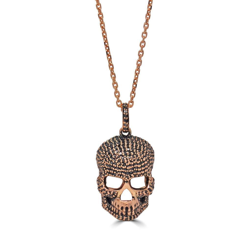 Black Diamond Skull Pendant Necklace In Rose Gold