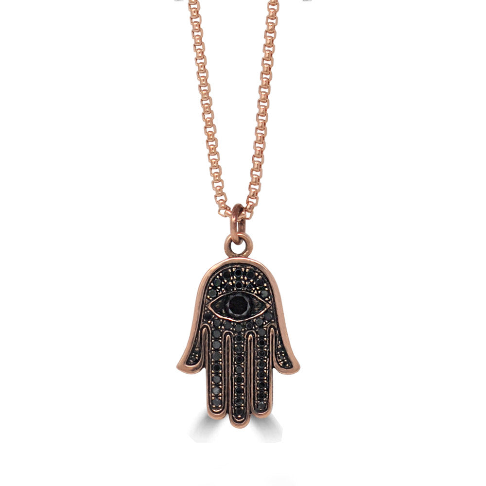 Black Diamond KeyDesign Hamsa  Pendant Necklace In Rose Gold