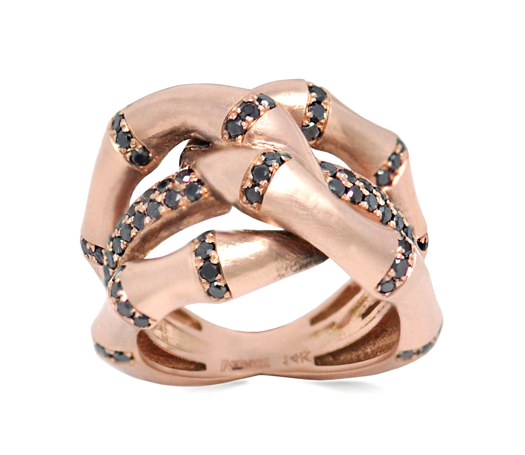 Black Diamond Bamboo Interlocking Ring In Rose Gold