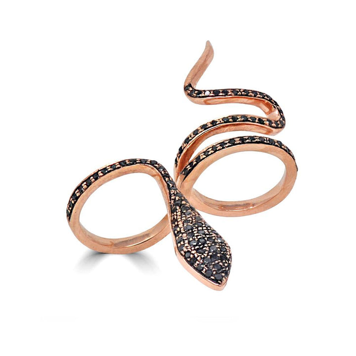 Black Diamond Double Finger Snake Ring In Rose Gold